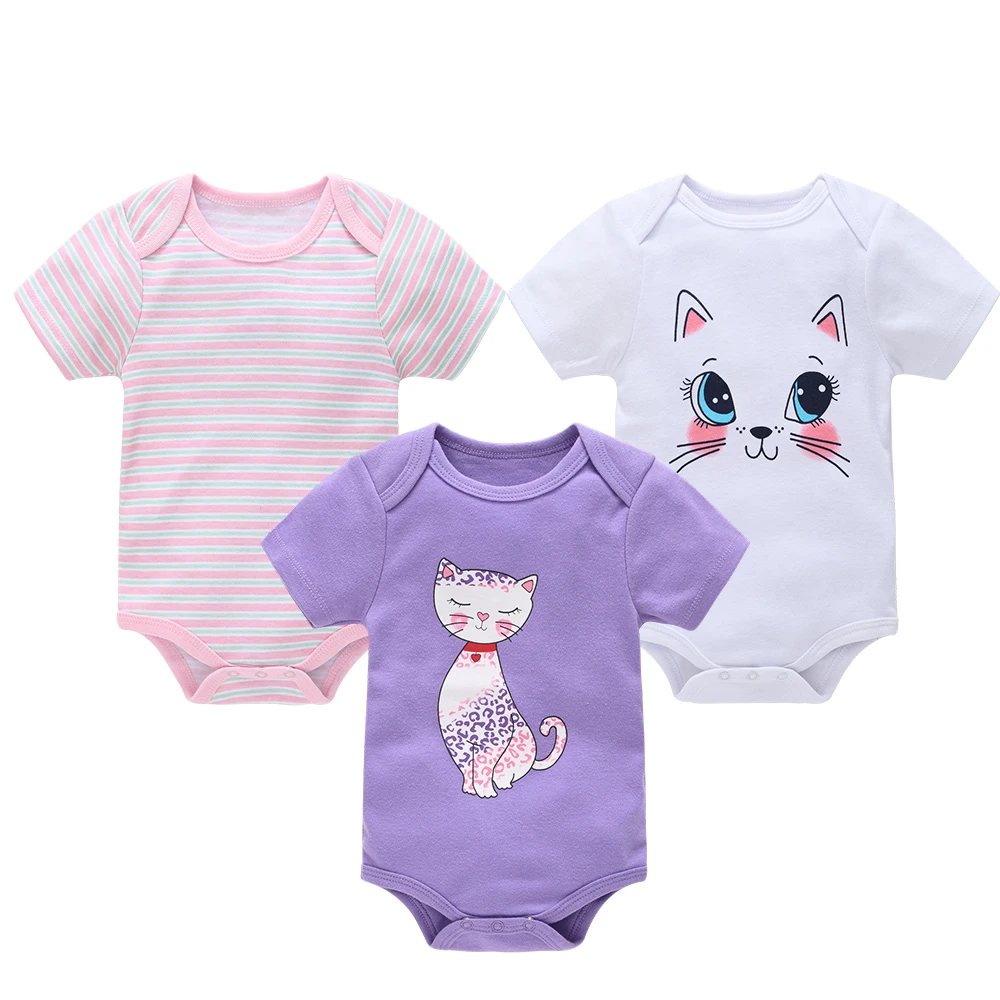 Kavkas Summer Baby Girls Clothes Lovely Cat Print 100% Cotton Short Sleeve Bodysuit O-neck 0-12 Months Newborn Clothing