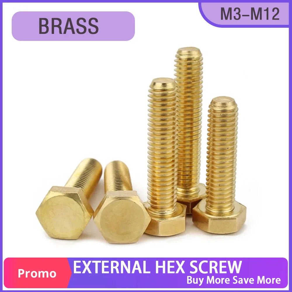 Brass External Hex Screw M3 M4 M5 M6 M8 M10 M12 Metric Thread Hexagonal Machine Bolt Electrical Copper Screws 6mm 10mm 20mm 60mm