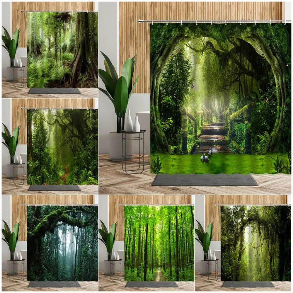 3D Tropical Forest Natural Scenery Waterproof Shower Curtain Green Trees Moss Deep Forest Bathroom Partition Screen Bath Curtain