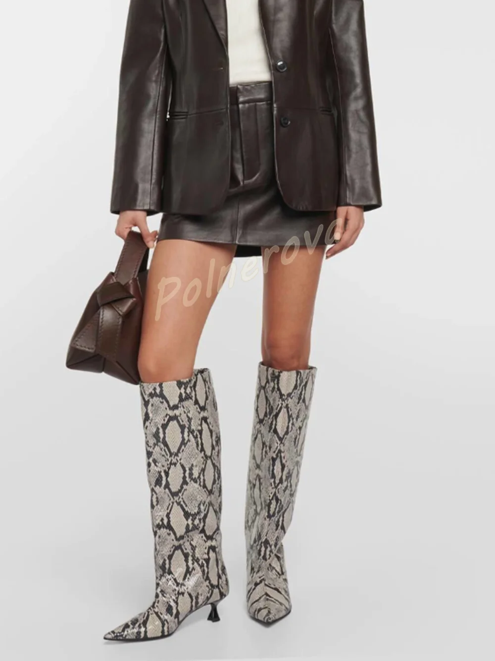 Snakeskin Pattern Print Knee High Boots Pointed Toe Kitten Heel Slip On Long Boots Women Fashion Street Runway Winter Shoes