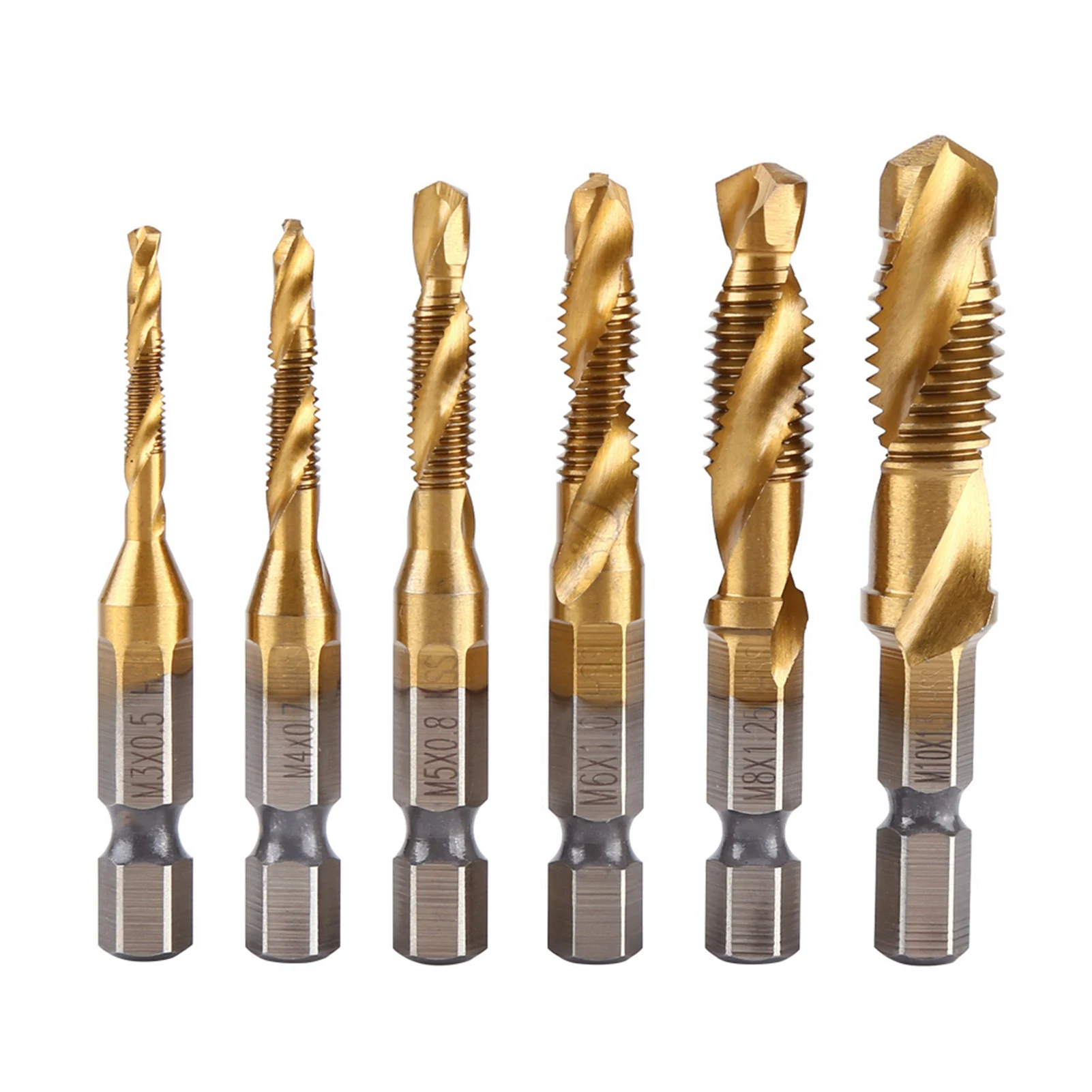 

6pcs Metric Thread M3-M10 Titanium Coated HSS Drill and Tap Bits 1/4" Hex Shank