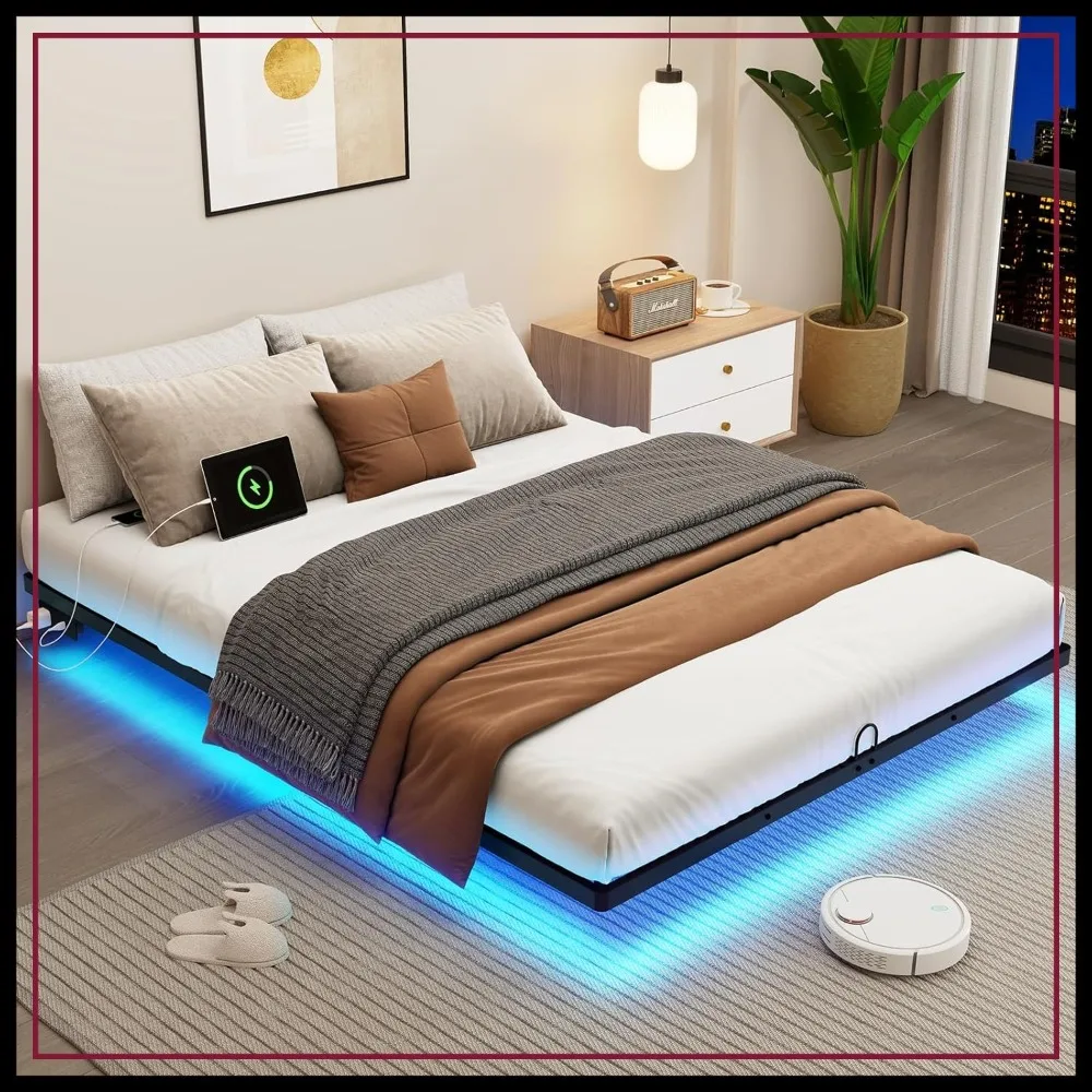 

Queen Size Metal Platform Bed with LED Lights & Charging Station, No Box Spring Needed, Easy Assembly