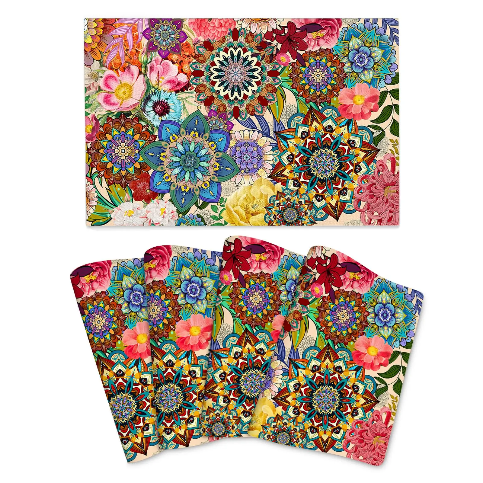 1PCS Boho Floral Linen Placemats Colorful Flowers Decorative Dining Table Mats Washable Place Mat for Dining Holiday Party