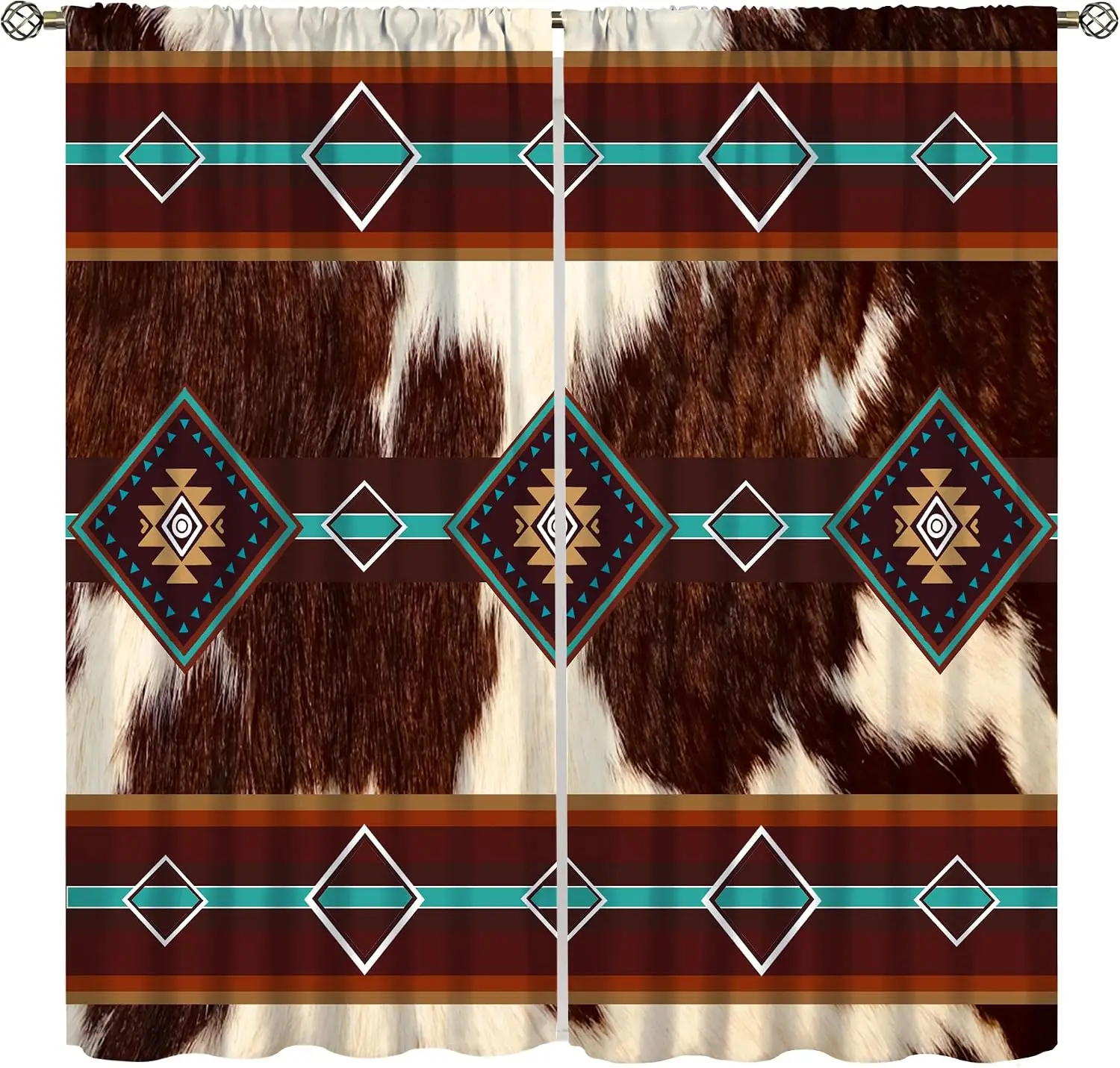 Aztec Geometric Cowhide Curtains, Brown White Cow Skin Turquoise Tribal Diamond Stripe Western Farm Print Drapes for Living Room