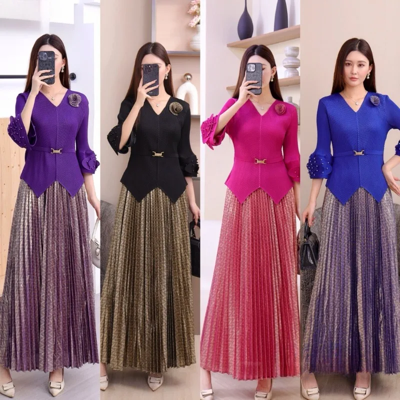 

Miyake Pleated 2026 New Spring and Fall Women's Dresses Fashion High-end Slim Unique Chic Seven-part Sleeve Dress Skirt Set