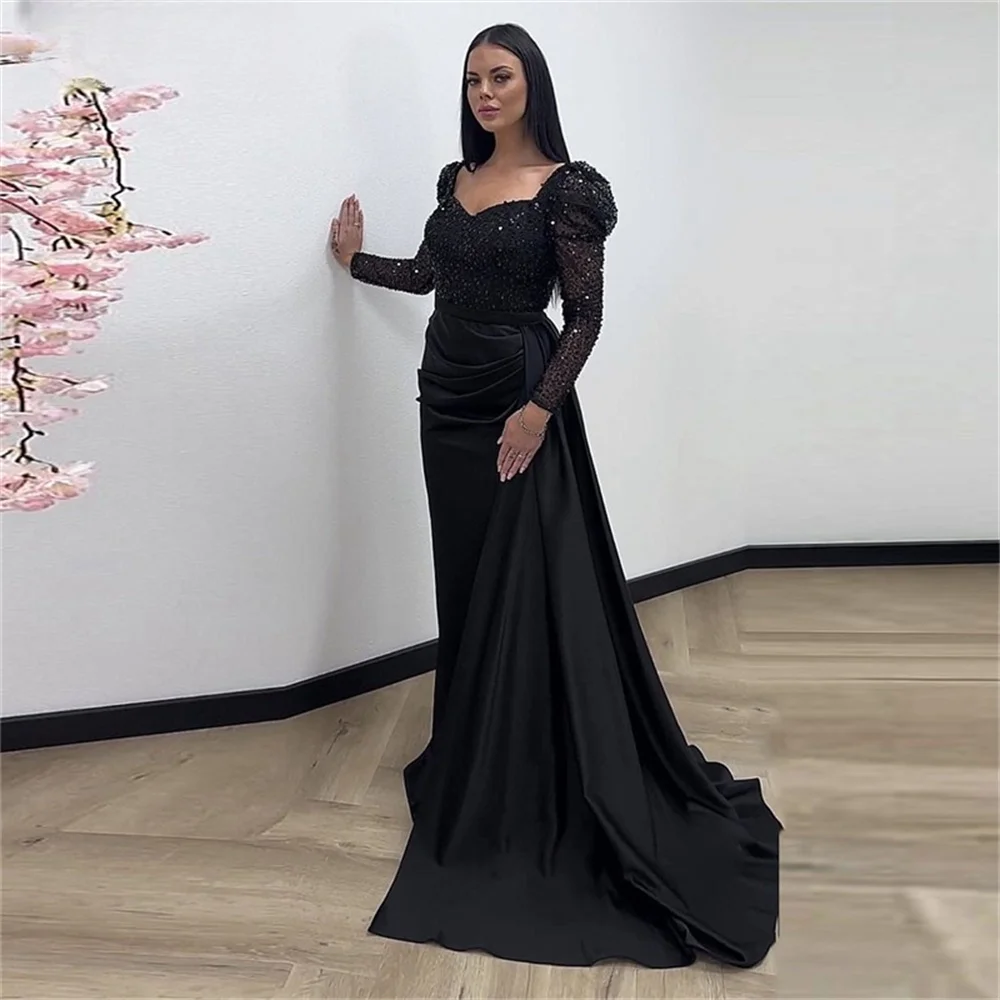 Amanda Glitter Satin vestidos de noche Shiny Sequins Mermaid Prom Dresses Elegant Long Sleeves Floor-Length Pleat Formal Evening