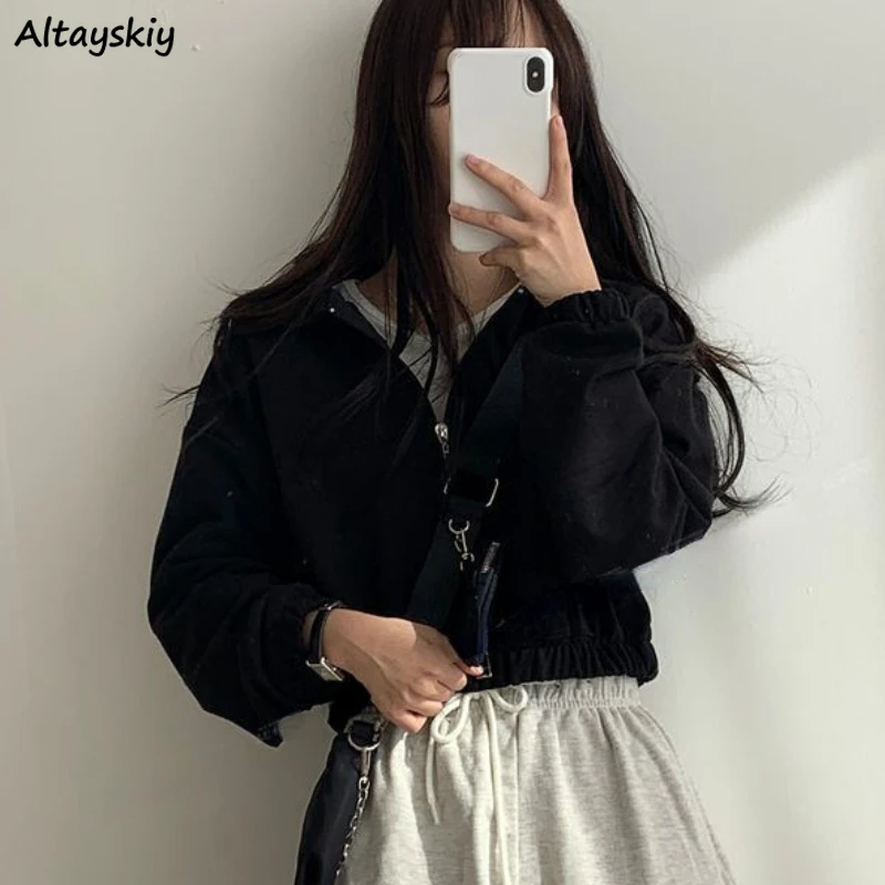 

Crop Sweatshirts Women Casual Pure Vintage Loose Ulzzang Tender Zip-up Autumn Streetwear Fashion Teens All-match Y2k Clothing