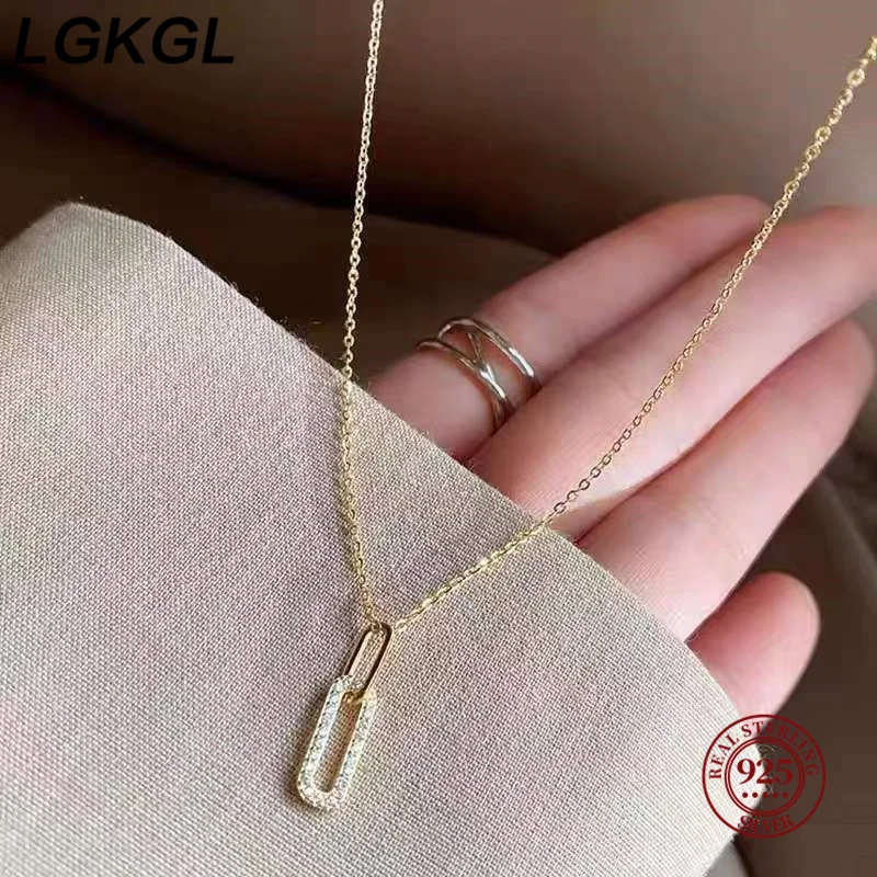 LGKGL 14k Gold Plated Gothic Oval Pave CZ Zircon 925 Sterling Silver Pendant Necklaces For Women French Rock Party Jewelry Gift