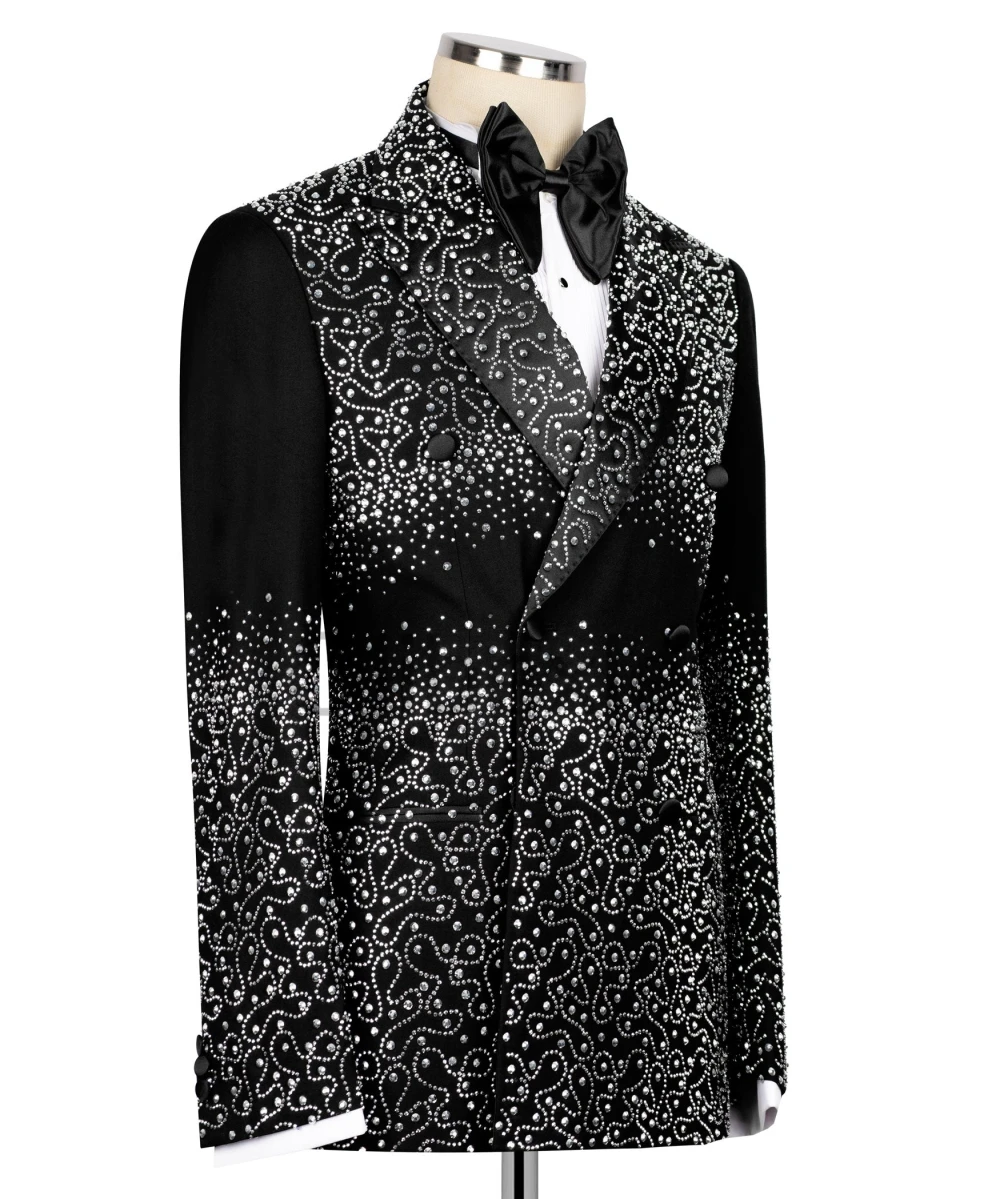 Olibexley Elegant Rhinestones Crystals Men Suits 2 Pieces Sets Party Prom Blazer Ropa Hombre Slim Groom Tuxedos Customized S197