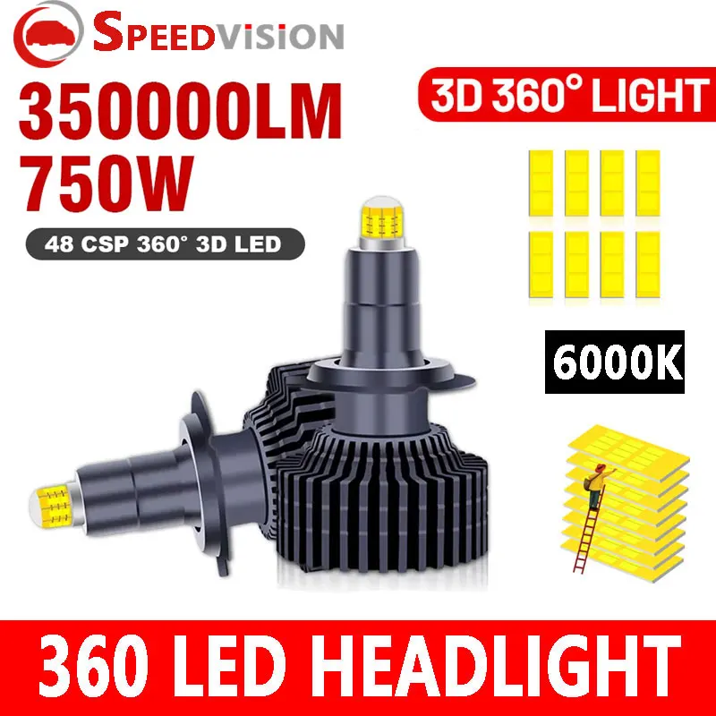 350000LM H1 LED 360 H7 Car Headlights H11 H8 H9 9005 HB3 9006 HB4 H16 9012 HIR2 Canbus 750W 24PCS CSP High Low Beam For Lenses