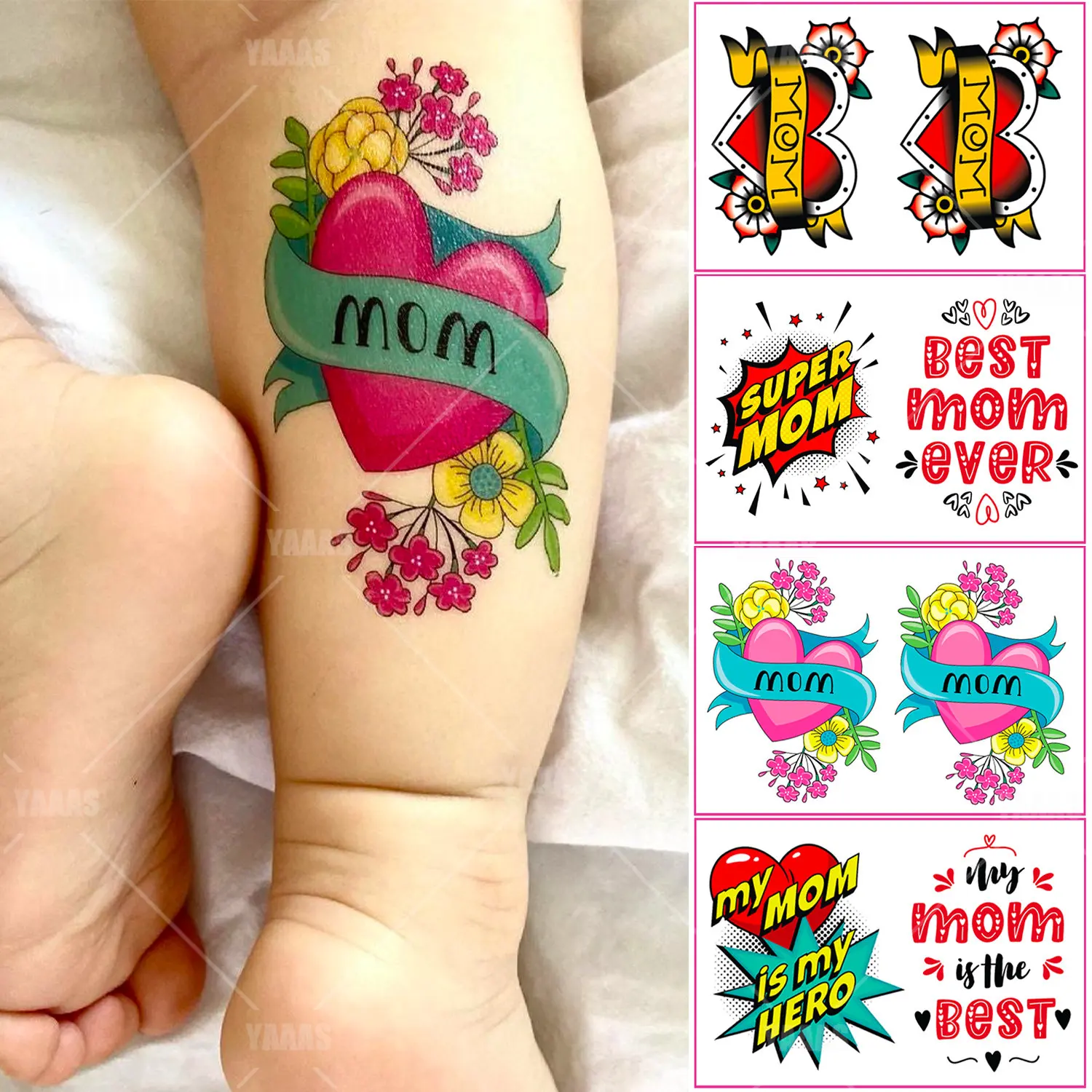 Temporary Tattoo Sticker Red Heart Love Mother's Day BEST MOM Kids Fake Tattoos Child Baby Photography Prop