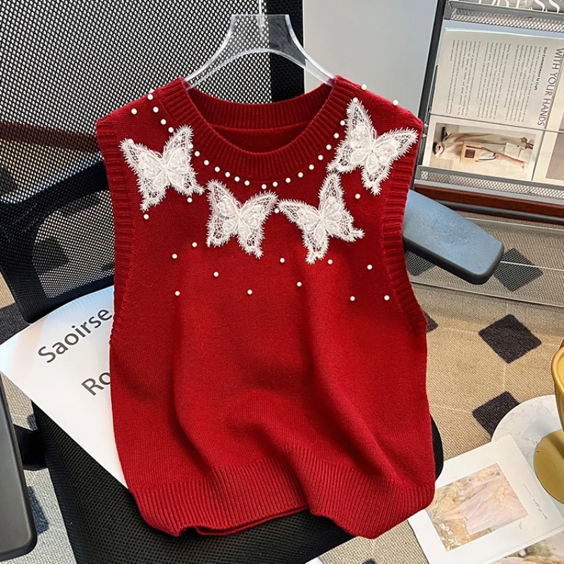 

High Quality Beaded Lace Bow Pullover Vest Women's Spring Autumn High-End Knitted Tanks French Female Sleeveless Top