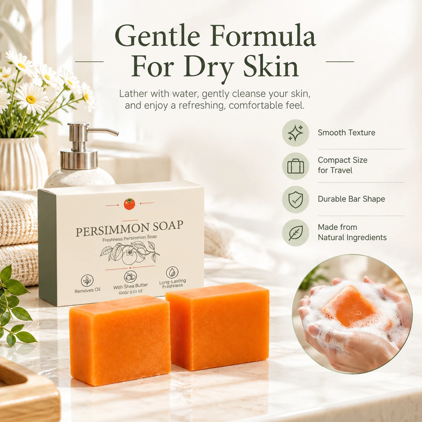 Persimmon Deodorant Body Soap Natural Fruit Aroma Gentle Cleaning Rich Foam Fresh Body Odor Purifying Deodorizing Handmade Soap