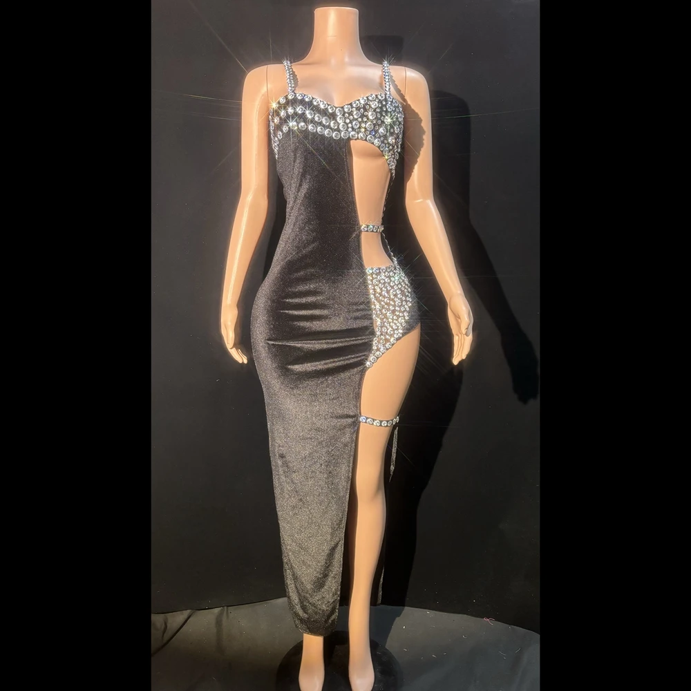 

Sexy Hollow High Split Evening Prom Celebrate Birthday Dress for Women Sparkly Rhinestones Singer Show Performance Costume