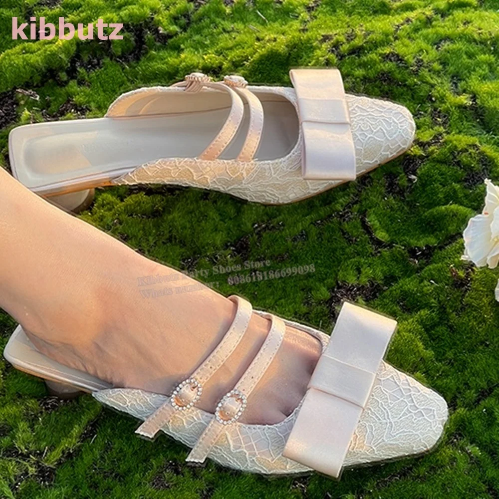 Velvet Crystal Belt Buckle Pump Slippers Square Toe Bows Round Heel Slip On Lace Fashion Elegant Sexy Concise Women Shoes Newest