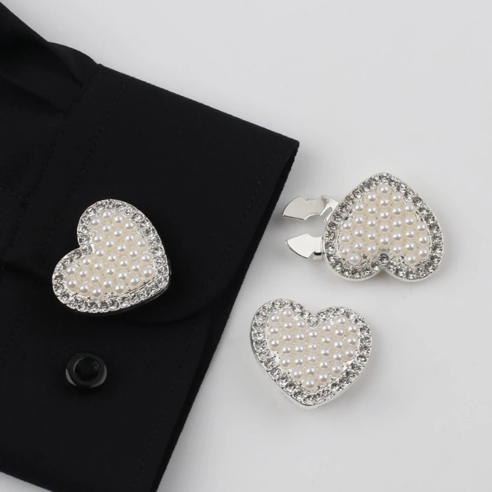 

1PCS Cross-Border Hit! Heart-Shaped Pearl Button Covers with Rhinestones Alloy Shirt Cufflinks Elegant Design Perfect for