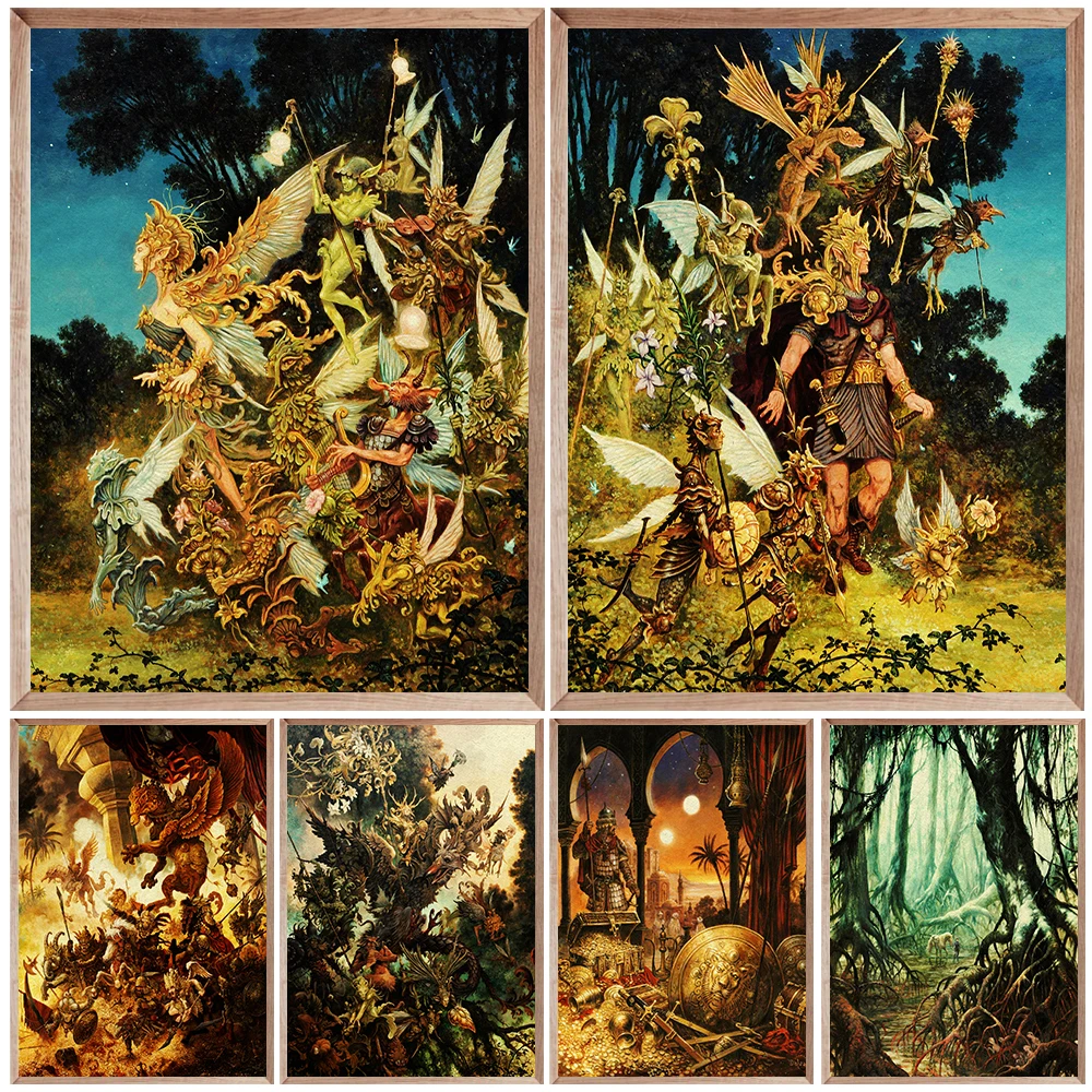 

Treasure Legion And Elf Warriors, Vintage Wall Art Canvas Painting,Magic World Fantasy Art Poster And Print, Home Decor Unframed