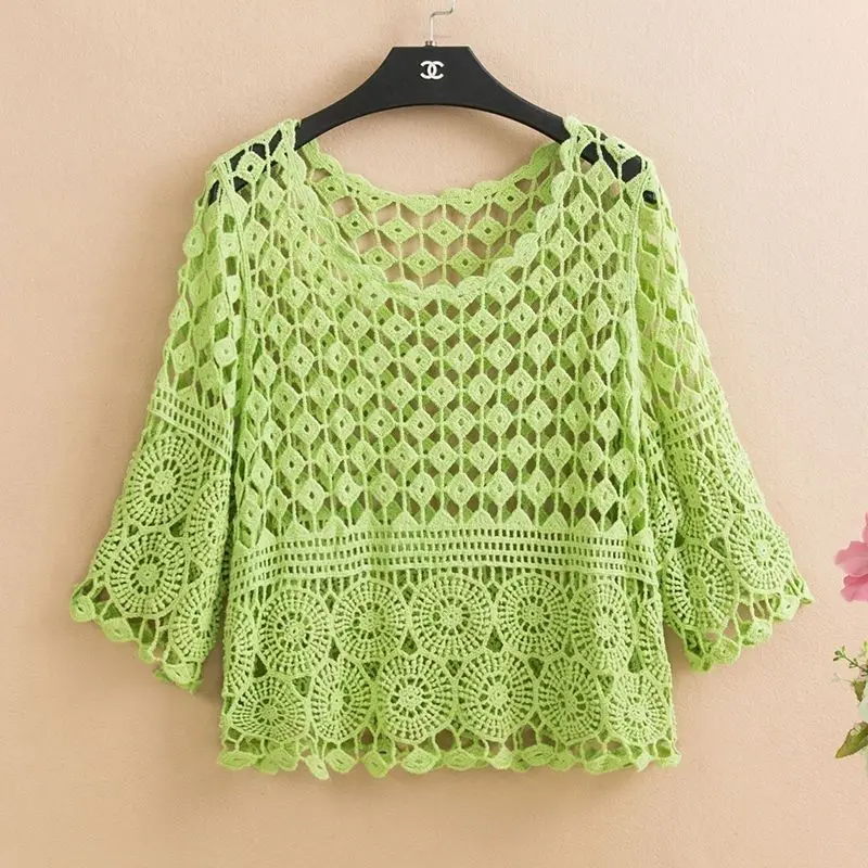 Women 2025 Spring Summer New Hook Flower Hollow Loose Pullovers Female Shawl Knitted Tops Ladies Short Jumper Sweater Tops