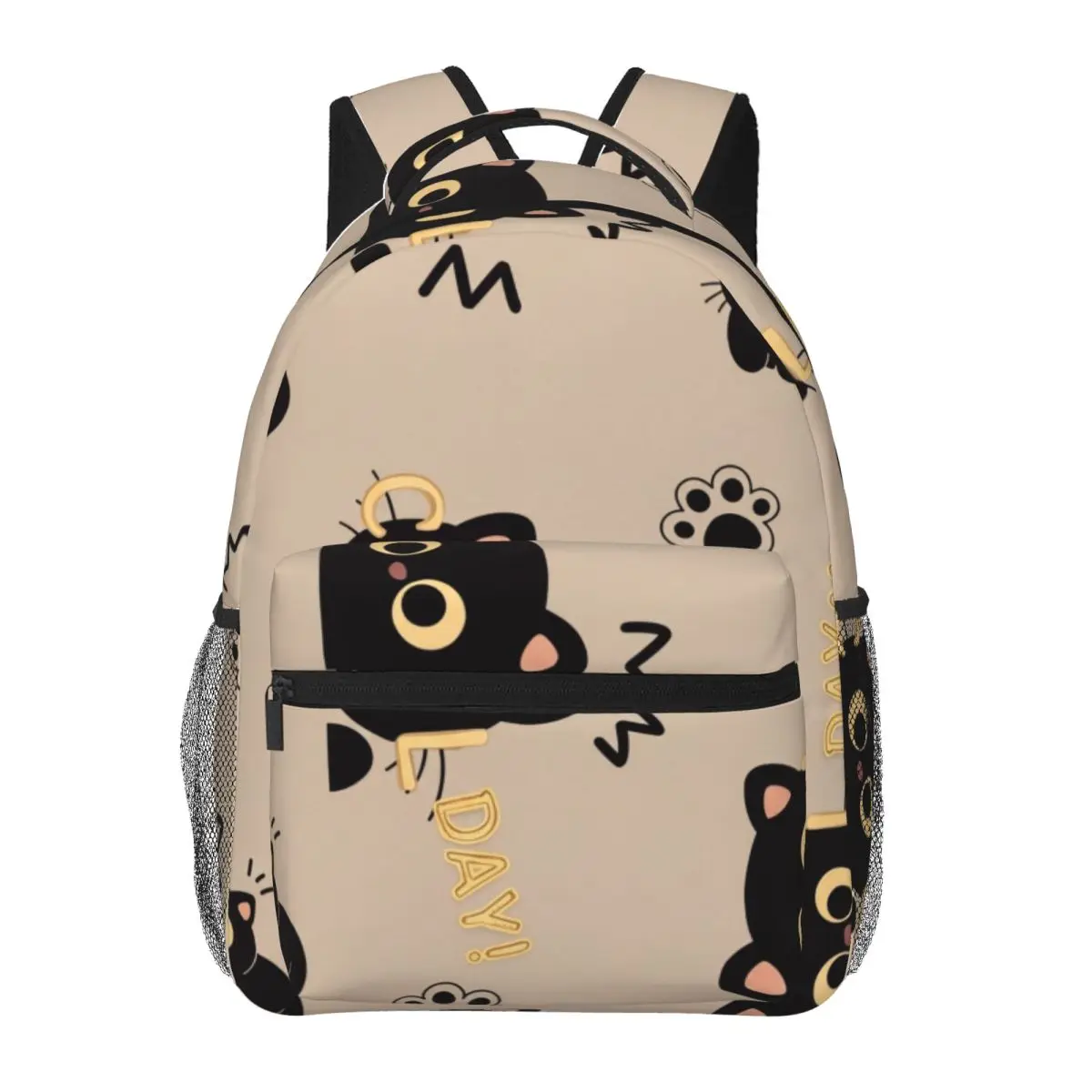 Soft Aesthetic Student Backpack Tossed Black Cats Whimsical Cute Beige Black Charcoal Streetwear Bookbag for Teens College Class