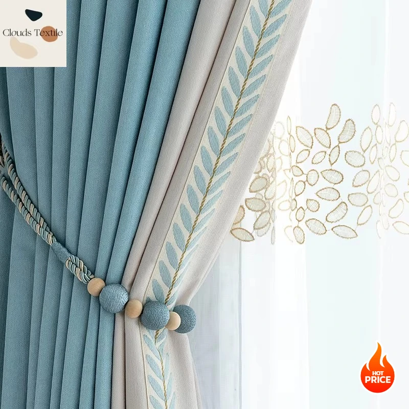Nordic Blue Curtains for Living Dining Room Bedroom Custom Chenille Lace Stitching Thickening Blackout Door Window