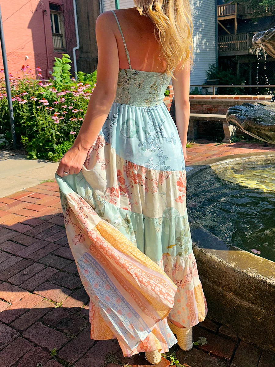 Novo vestido longo boho feminino estampa floral sem mangas alça espaguete em camadas vestido de praia verão vestido fluido s m l