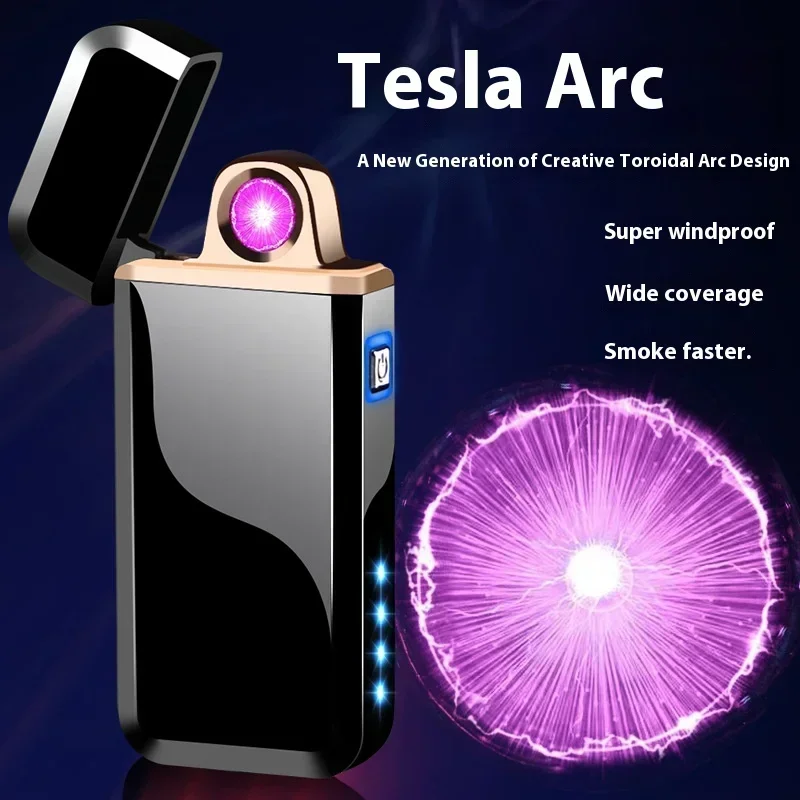 New Laser Induction Electric Double Arc USB Lighter Outdoor Windproof Metal Pulse Plasma Lighter LED Power Display Men\'s Gift