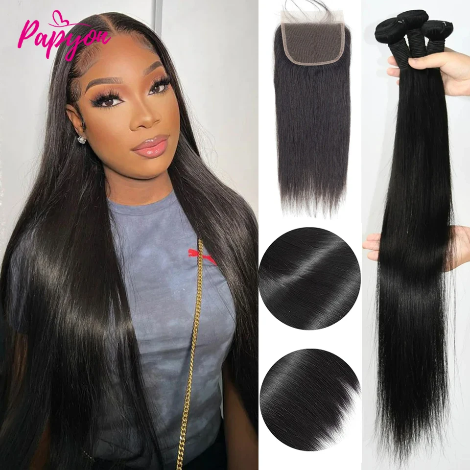 Straight Human Hair Bundles With Closure 4x4 5x5 Raw Brazilian Hair Weave 3 Bundles with Closure Natural Black Hair Extensions