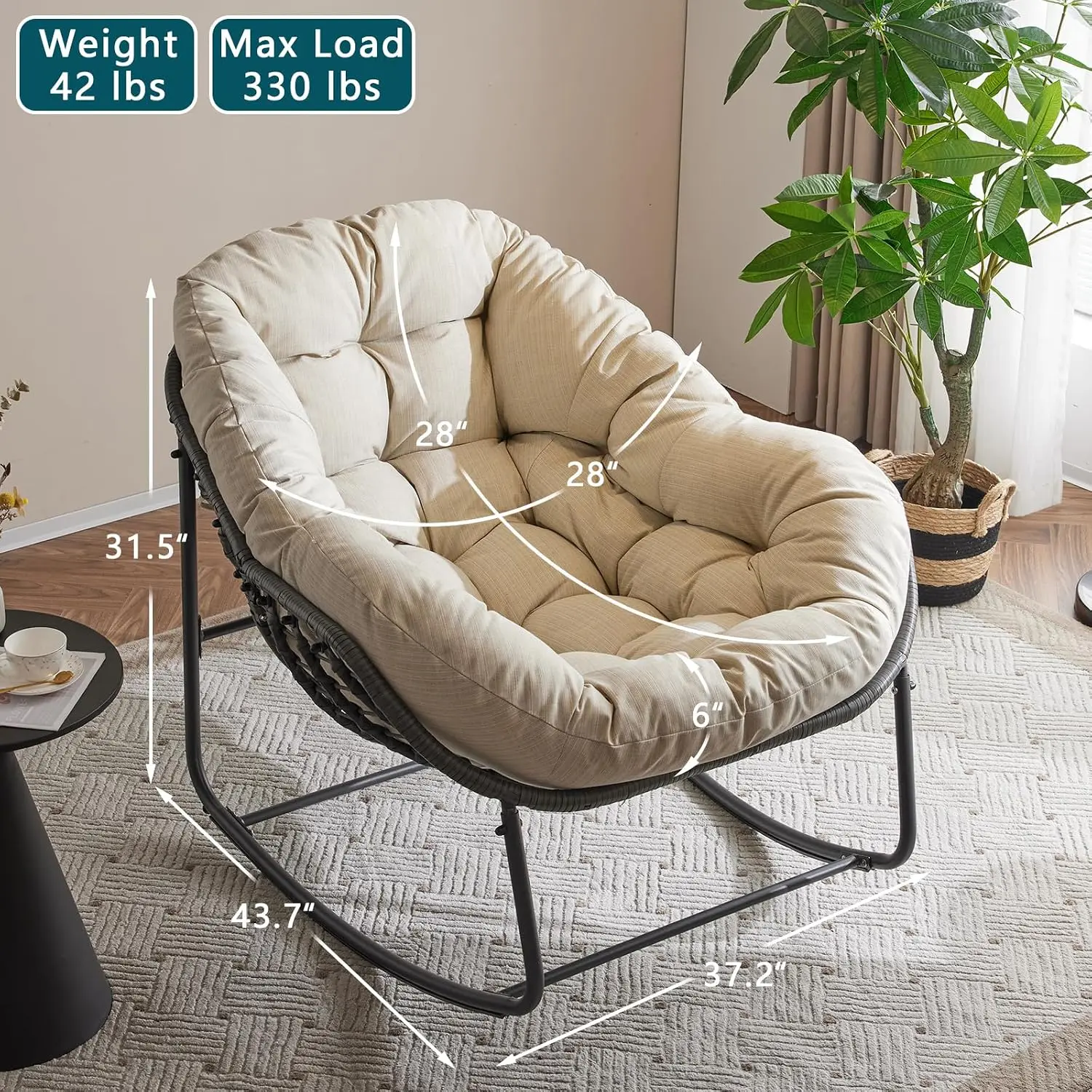 Outdoor Papasan Rocking Chair with Soft Cushion, Comfy Patio Egg Chair, Wicker Lounge Rocker