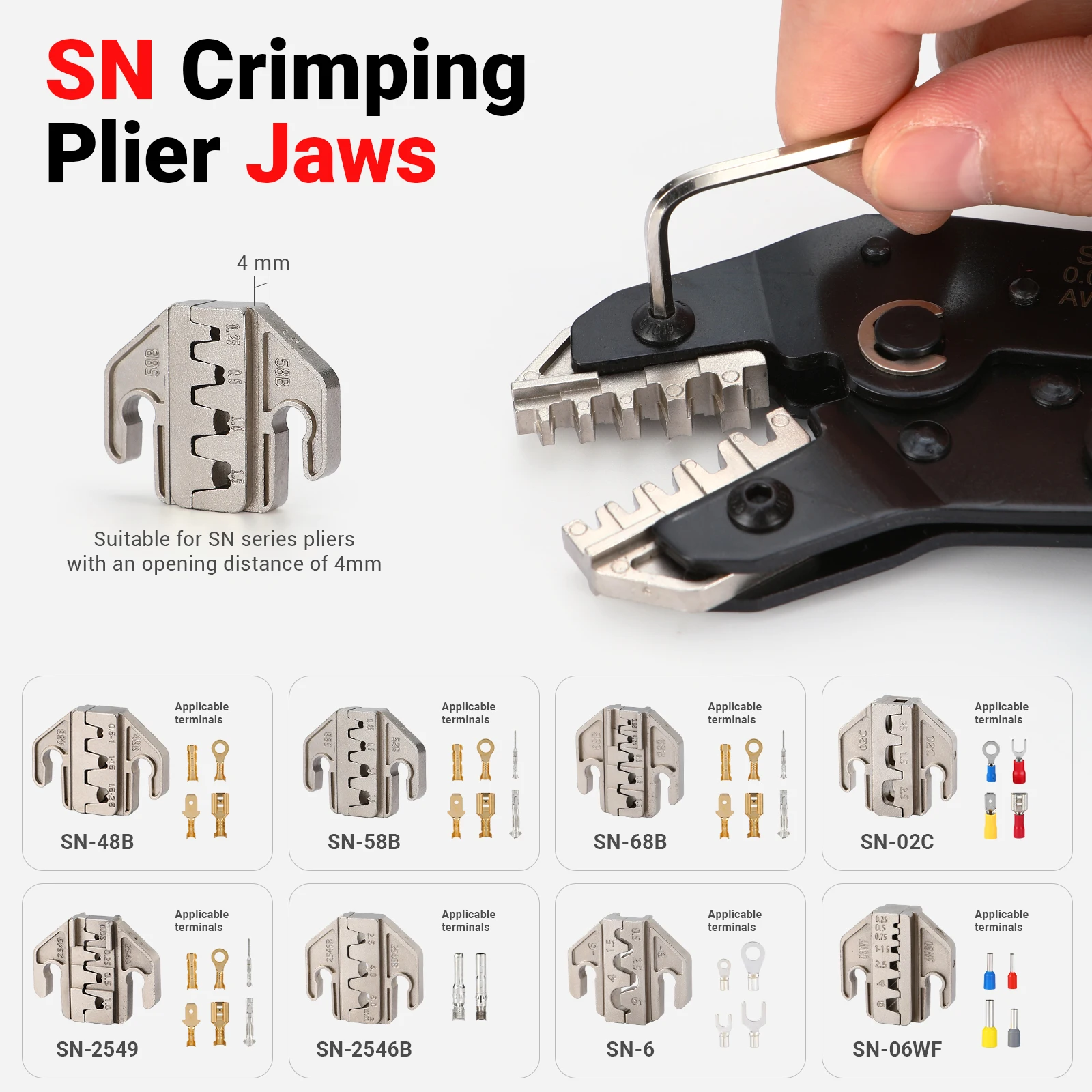Juego de Alicates de Compresión Serie SN con Mordazas de 4mm para Terminales No Preaislados/Solares/Férula/Cable Coaxial/Terminal Abierto