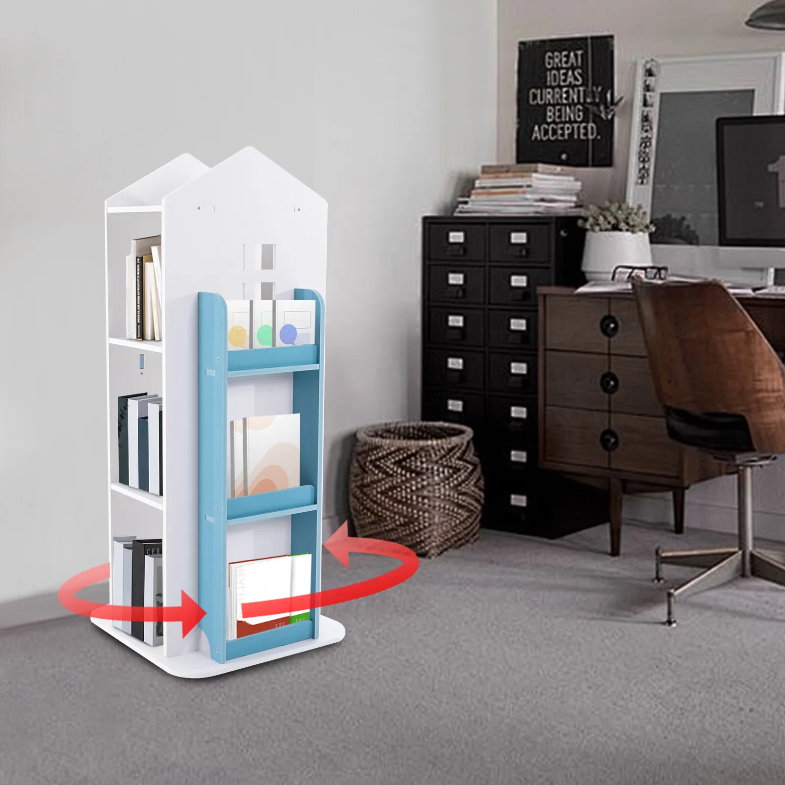 

4 Layers 360° Kids Rotating Bookshelf Bookcase Storage Shelf Display Holder