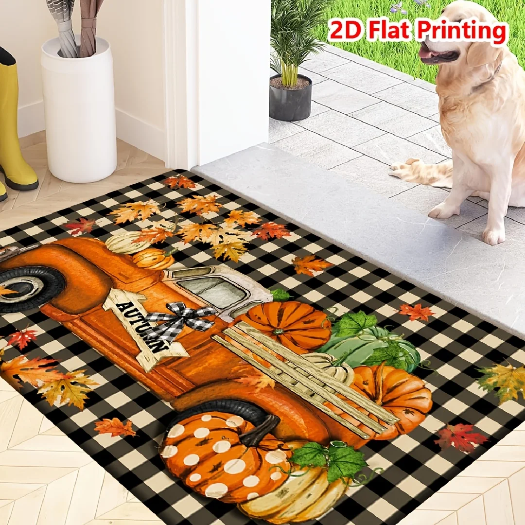 Autumn Scarecrow Non‑Slip Doormat, Fall Vintage Truck Letter Rug, Practical Entry Mat for Front Porch Indoor Outdoor Home