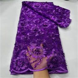 Tessuto viola tessuto di pizzo africano di alta qualità 2024 tessuto di paillettes netto francese cucito ricama pizzo Tulle Nigeria vestito 5Yard