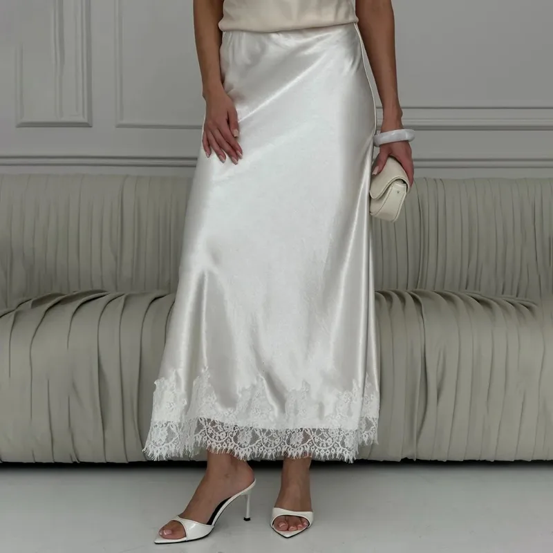 

Talenza Women's Satin Skirt New High Waist Lace Patchwork Maxi Skirts Elegant Luxury Party Looks Office Lady Solid Female Skirts
