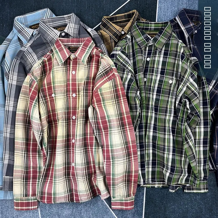 

Heavyweight Pure Cotton Plaid Shirt Men's Loose Large Size Cityboy Vintage American Casual Trendy Long Sleeve Shirt