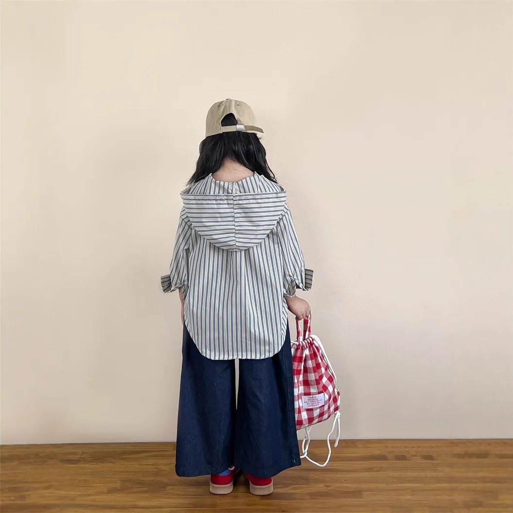 Camisa de manga larga con capucha a rayas coreanas para niñas, cubierta de pantalones vaqueros suaves de pierna ancha recta de cintura alta, primavera y otoño