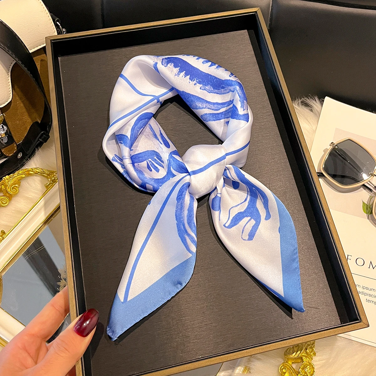 Fashion Ocean Shell Pattern Print Square Silk Scarfs for Women Neck Ties Soft Hijab Headscarf Foulard Bandana Decoration Scarves