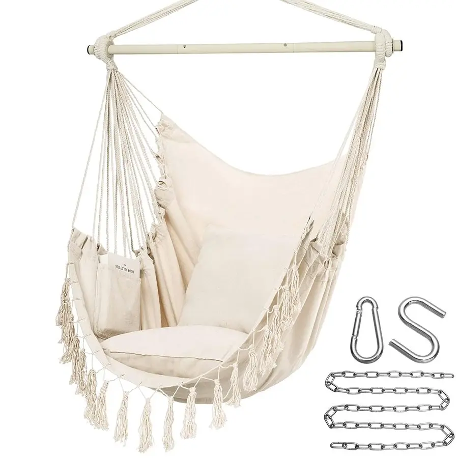 

Hammock Chair Hanging Rope Swing, Max 500 Lbs, 2 Cushions Included, Large Macrame Hanging Chair with Pocket for Superior Comfort