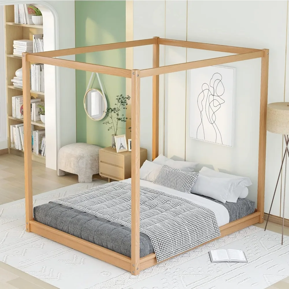 سرير بمظلة على الأرض، إطار سرير بمنصة مظلة مكونة من 4 أعمدة مع أرجل داعمة، إطار سرير كوين من الخشب الصلب للأطفال والمراهقين والكبار #4