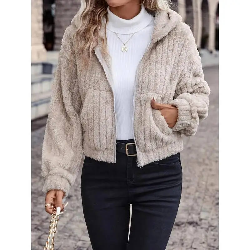 Women's Color Pocket Zip up Fuzzy Hooded Jacket Soft Cozy Short Outerwear for Summer Fashionable Casual Style