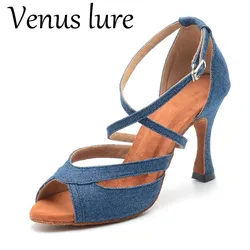 Venus Lure Customized Peep Toe Blue Denim Outdoor Dance Shoes Sandals 9CM