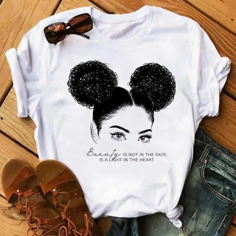 

Maycaur Women Beautiful African White Funny Print T Shirt Girl Black Queen Harajuku Ulzzang Kawaii 90s Short Sleeves Clothes
