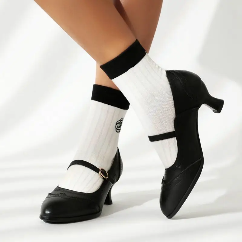 ASILETO Classic Female Pumps Round Toe Small Heels 5cm Buckle Strap Plus Size 46 47 48 Retro Soft Office Lady Footwear