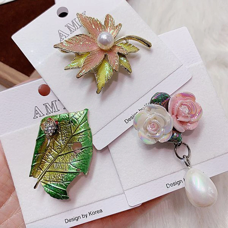 10Pcs Vintage Pearl Gemstone Inlay Copper Material Flower Women\'s Brooch Elegant Mixed Styles Multi Piece Set Brooch Jewelry