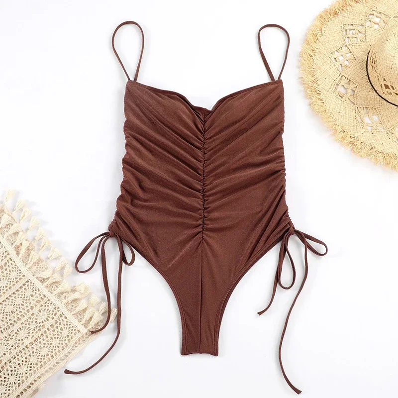 สายรัดเซ็กซี่ชุดว่ายน้ําสําหรับสตรีจีบเอวสูงSuspender One Pieceชุดว่ายน้ํา 2025 ใหม่Beach Holidayชุดว่ายน้ํา