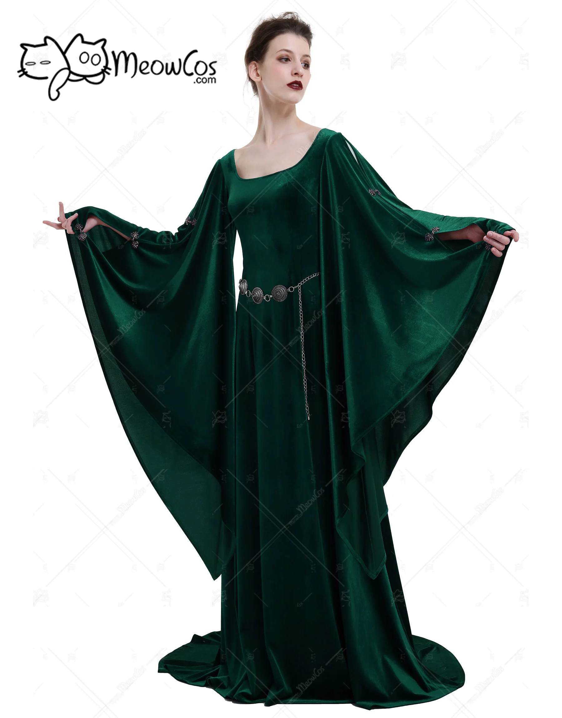 

DAIZBELLA Women Medieval Costume Vintage Historical Dress Retro Dark Green Velvet Celtic Gown with Wide Sleeves