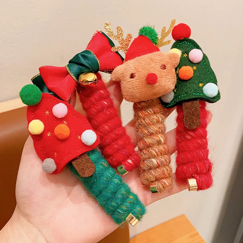 Christmas headwear for children Roll up telephone cord hair band for girls double ponytail hair tie for girls festive moose foot