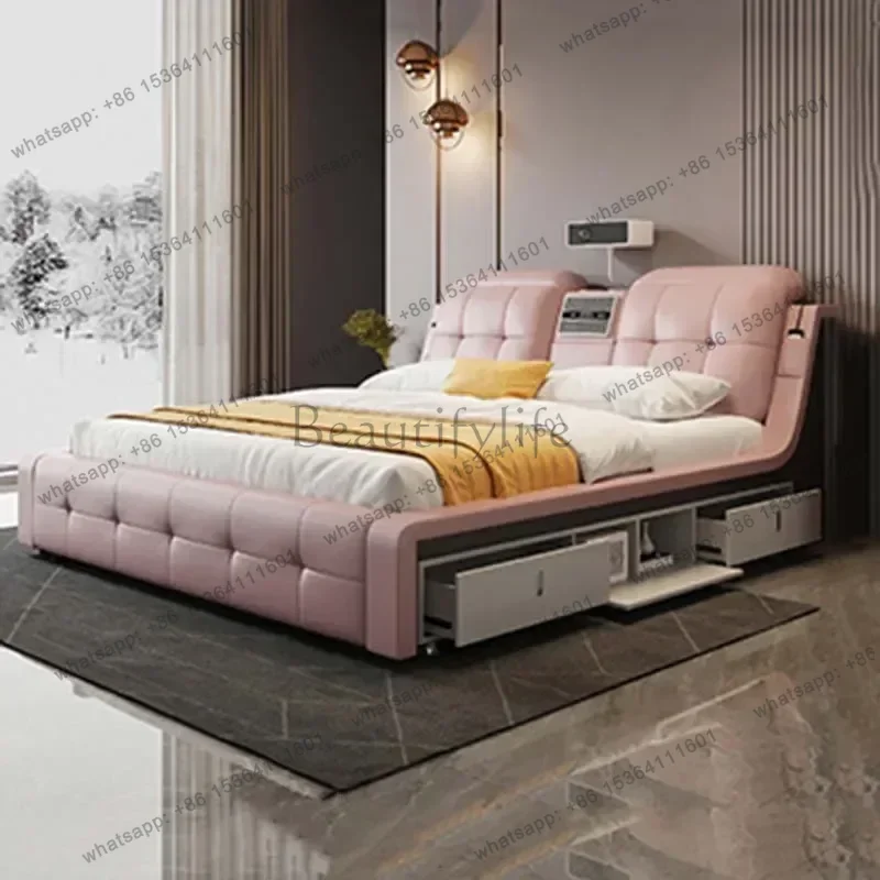 PG Usb Charge Projector Double Bed Luxury Modern Leather Storage Bedroom Bed Massage Wood Literas Multifuncional Furniture Home