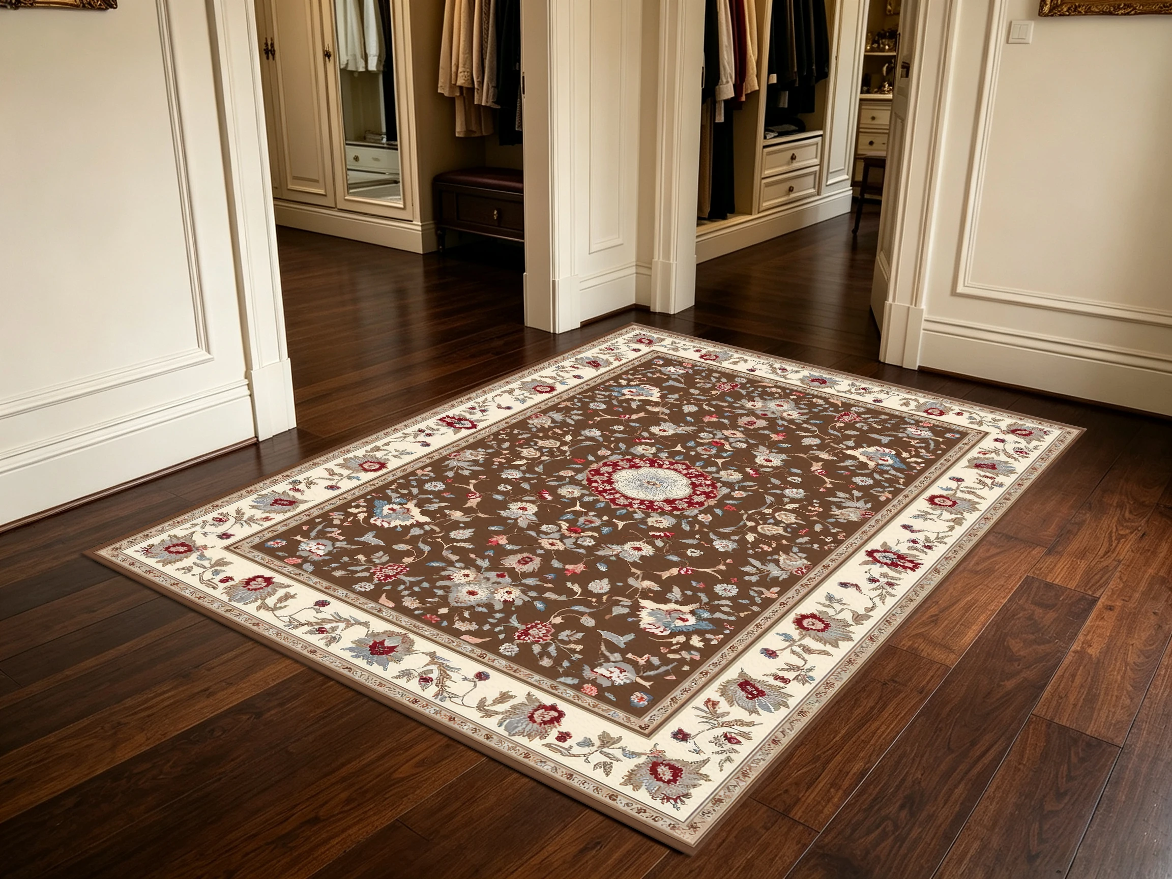 2D Carpet, 2D Large Carpet, Brown and Off-White, Vintage Persian Style, Full Floral Pattern, Soft and Skin-Friendly, Suitable For..