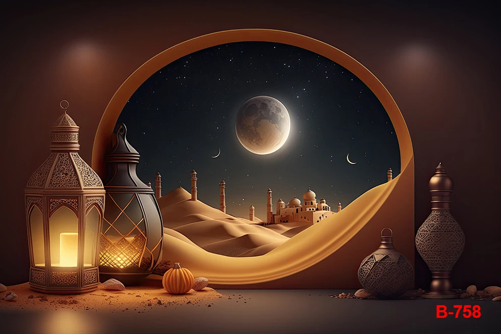 Eid Mubarak Backdrop for Photography Eid Al-Adha Islamic Ramadan Kareem Mosque Golden Lamps Moon Sheep Background Photo Studio