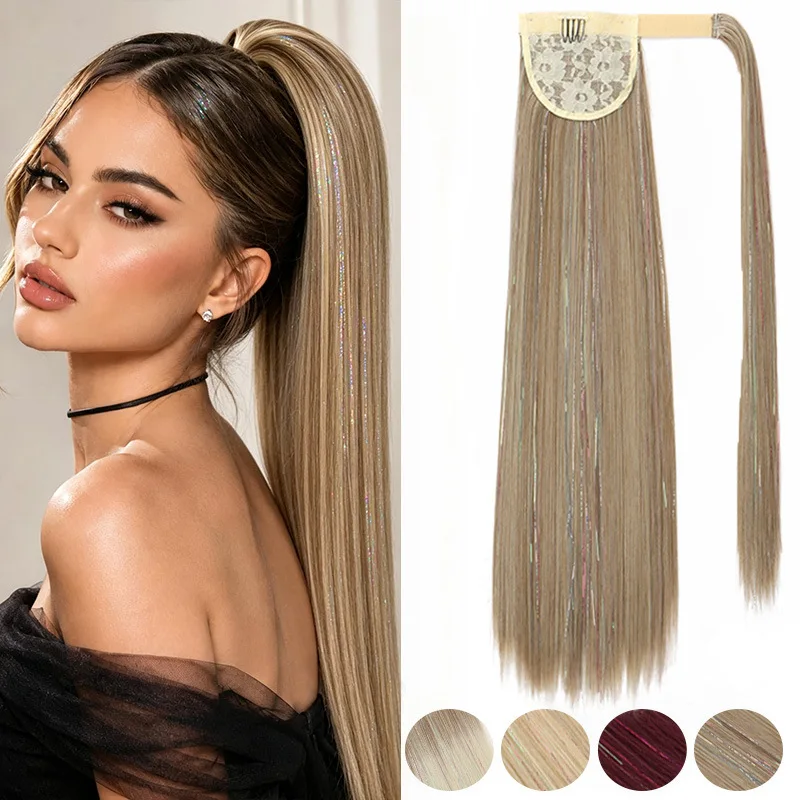 

24 inch synthetic European and American wig long straight ponytail synthetic hair extensions laser silk velcro ponytail